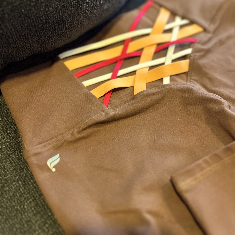Fabletics Brown Leggings with Multicolor Accents Straps.